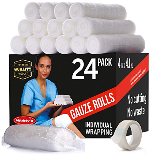 Premium Gauze Roll - 24 Pack - FDA Approved Gauze Bandage Roll (4 inches x 4.1 Yards) - Latex Free Rolled Gauze - Gauze Wrap + Bonus Medical Tape