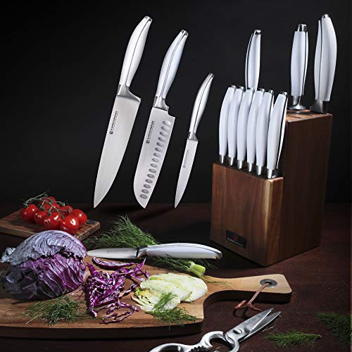 Kurschmann 15Piece Kitchen Knife Set in Upright Acacia Block, White