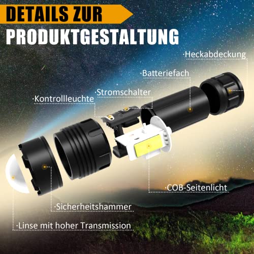 HANHUI Taschenlampe LED 10000 Lumen Extrem Hell Taschenlampen USB Aufladbar Taktische Taschenlampe mit COB Arbeitsleuchte 7 Lichtmodi IPX67 Wasserdicht Flashlight Zoombar für Camping Wandern Notfälle