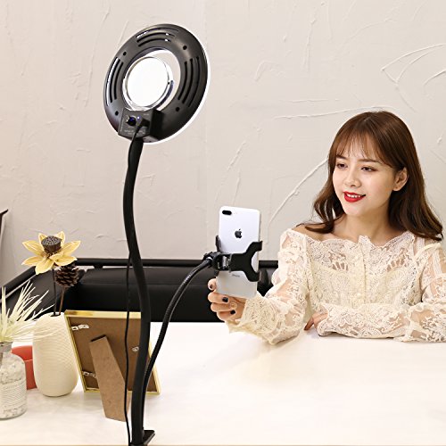 Desk LED Selfie Beauty Ring Light for Phone Live Streaming YouTube or Makeup with Flexible Gooseneck Cell Phone Clamp+3.5" Mirror Portable Photography 8-inch Dimmable 5500K O Circular Ring Lamp