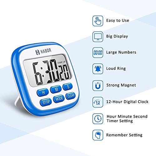 Habor Kitchen Timer, 24-Hours Digital Timer [Multifunctional] with Clock for Cooking, Loud Alarm & Strong Magnet, Count-Up & Count Down for Kitchen Baking Sports Games Office Study (Battery Included) - Thumbnail 2