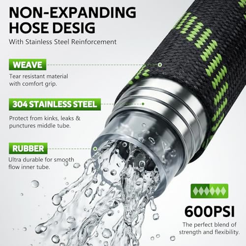 NON-EXPANDABLE Garden Hose 25 FT, Heavy Duty Steel Metal Flexible Water Hose with 10-Function Spray Nozzle, Durable Fabric Skin, No Kinks & Leak-Proof with Upgraded Handle