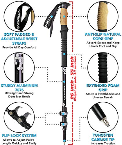 FREEMOVE Trekking Poles Collapsible, Lightweight Ultra Strong Aluminum 7075 Sticks for Hiking and Walking with Cork Grips, Quick Locks, Fully Equiped Accessories Gear for Men and Women - Thumbnail 2