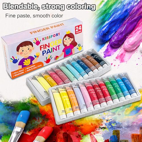 KINSPORY Pinturas de Dedos para Niños 24 x 36 ml – Pinturas Lavables para Niños Pequeños, No Tóxicas, Seguras para Manos y Pies, Materiales Artísticos Preescolares Regalos Creativos