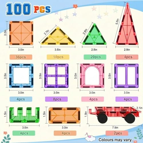 Large Magnetic Tiles for Kids (Ages 3-14), Toys Set Gift 100PCS with 2 Cars | Magnetic Blocks & Building Toys for Creative STEM Learning, Ideal Gift for Boys & Girls