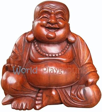 Fair Trade carved wooden 30 cm Happy / Laughing Buddha ornament / statue