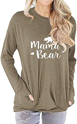 DATANE Women's Crew Neck Mama Bear Printed Sweatshirt T Shirt Top with Pockets