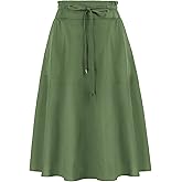 KANCY KOLE Women Casual Cotton Linen Skirts Frill Tie Waist A-Line Midi Skirt with Pockets S-XXL