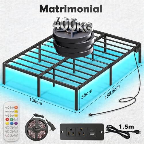 FURRIFIC Base Cama Matrimonial con Lámpara LED RGB Inteligente–2 Puertos USB + 2 Enchufes de CA, Control por App y Remoto, Espacio de Almacenamiento Debajo de la Cama, Marco Resistente
