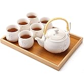Dujust Japanese White Porcelain Tea Set with 1 Teapot Set, 6 Tea Cups, 1 Tea Tray, 1 Stainless Infuser, Cute Asian Tea Set fo
