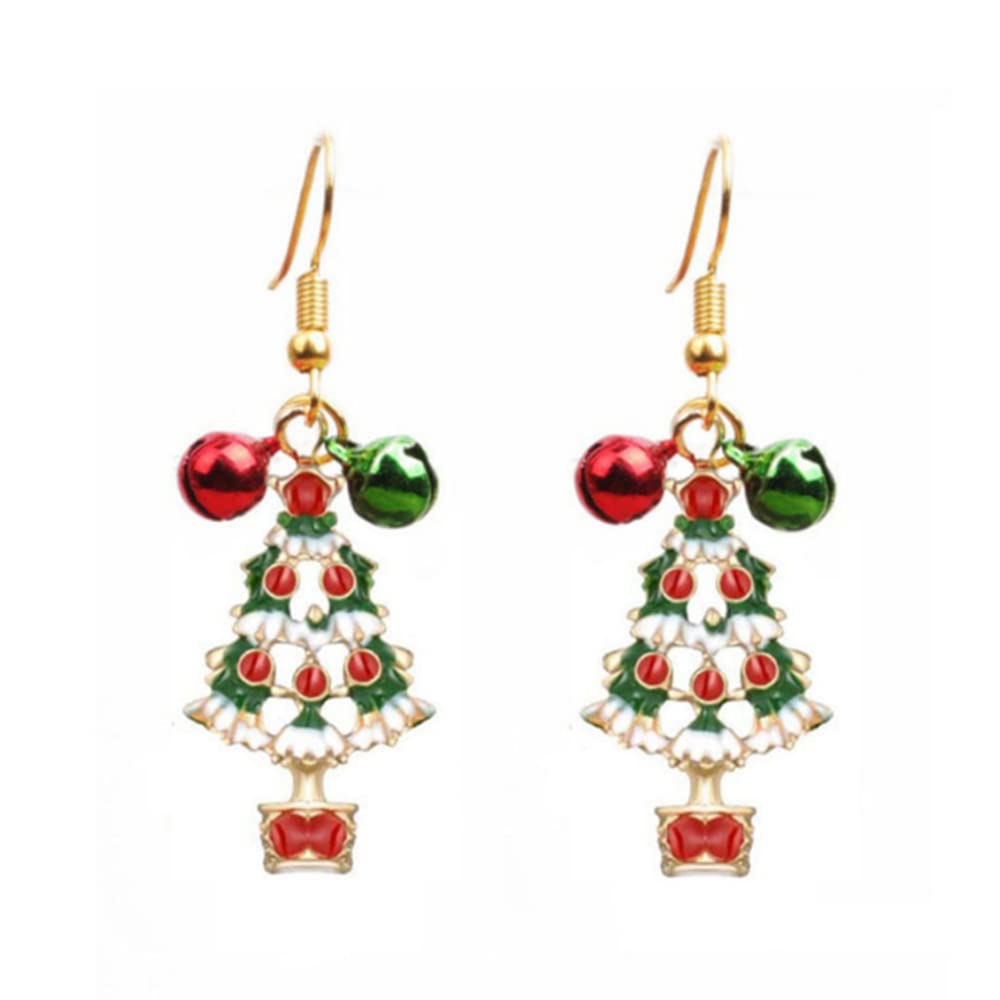 Christmas Tree and Jingle Bell Dangle Drop Earrings for Women Girls Luckly Stars Colourful Green Red Tinkle Bells Rhinestone Pierced Dangling Hook Earring Holiday Party Jewelry Gifts