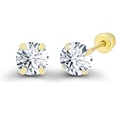 Solid 14k Yellow Gold Hypoallergenic AAA Cubic Zirconia Solitaire Screw Back Stud Earrings Secure Screw On Backs, 3mm-7mm