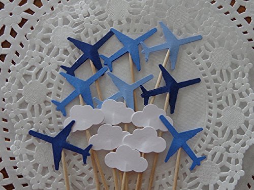 Blue Airplanes and Small Cloud Cupcake Toppers - Navy Blue Medium Blue and Light Blue Planes - Party Picks - Jet Food Picks - (Set of 24) - Thumbnail 3