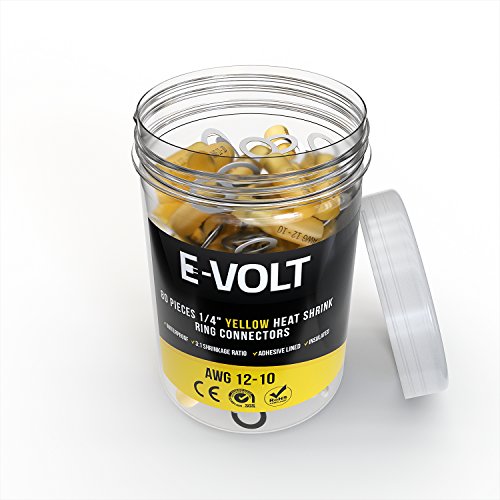 E-VOLT Heat Shrink Ring Connectors – 80 PC 1/4" Yellow 3:1 Shrink Ratio, Adhesive Tube Crimp Connectors for 12-10 AWG | Industrial Grade Bulk Wire Connectors for Automotive, Marine and Audio