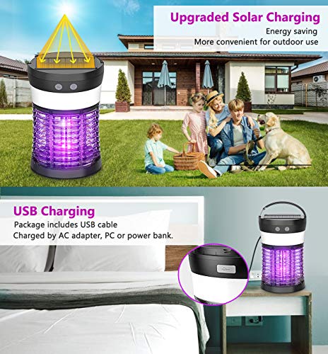Mosquito Bug Zapper Outdoor, Aukfa Solar Mosquito Killer Lamp Insect Killer and Rechargeable Electric Fly Insect Trap with 3 Lighting Function Waterproof Portable Mosquito Trap for Indoor Camping