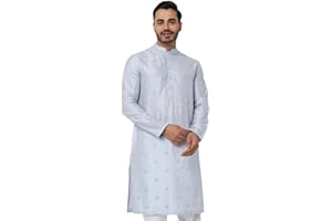 In-Sattva Men's Indian Embroidered Banded Collar and Placket Long Kurta Tunic
