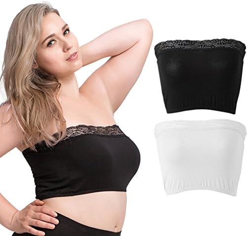 CaiMai Women's Lace Bandeau Bra Strapless Tube Top with Black and White 3XL Pack of 2