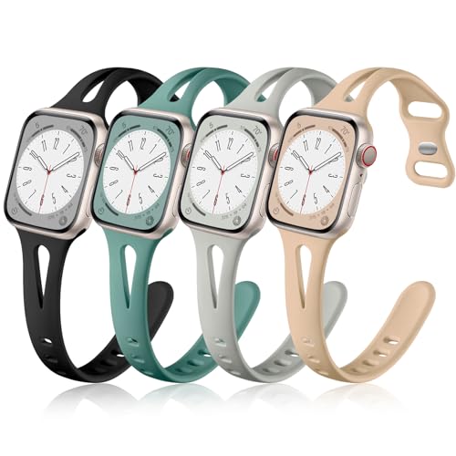 Photo 1 of Getino Compatible with Apple Watch Band 46mm 42mm 44mm 45mm 38mm 40mm 41mm 49mm iWatch Ultra Series 10 9 8 7 6 5 4 3 2 SE Women, Soft Silicone Slim Sport Bands, Black/Pebble Gray/Cyprus Green/Milk Tea