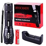 BTOCANDY Handheld Flashlight, 1000 Lumens T6 Led Bulb Waterproof Zoomable Adjustable Flashlight Rechargeable 18650 Lithium Battery With Charger
