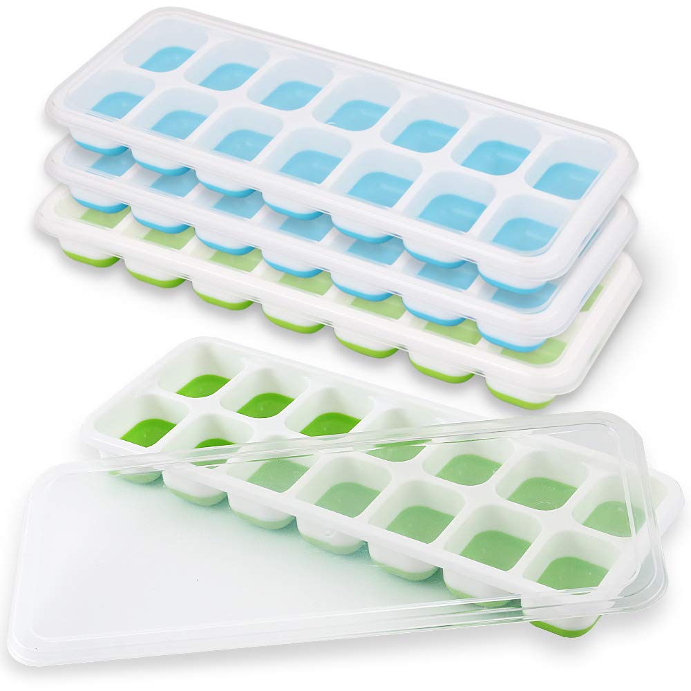 Newk Ice Trays 4 Packs, Easy- Ice Cube Tray with Removable Lid for Cocktail, Beer, Stackable Flexible Ice Molds-2 Blue+2 Green