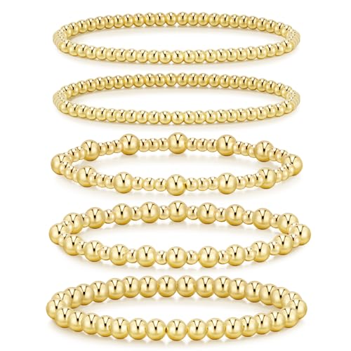 adoyi Gold Bracelets for Women Waterproof, 14K Gold Plated Beaded Strand Bead Ball Bracelets stack Adjustable Jewelry Set for Gifts