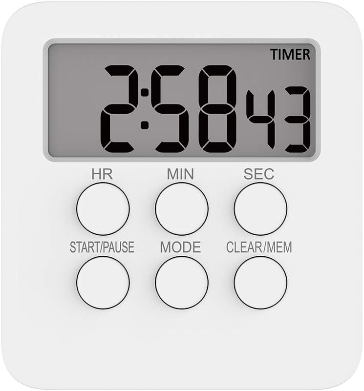 HAOBAIMEI Digital Kitchen Timer, Simple Operation, Minute Second Count Up and Countdown, Loud Alarm, Low Energy Consumption, Magnetic Backing, Stand, White, Batteries Included (1)