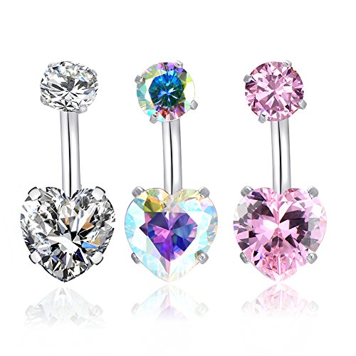 14G Surgical Steel Belly Button Rings Heart Cubic Zirconia Navel Barbell Stud Body Piercing for Women Girls … (3 Pcs(Clear+AB Colour+Pink))