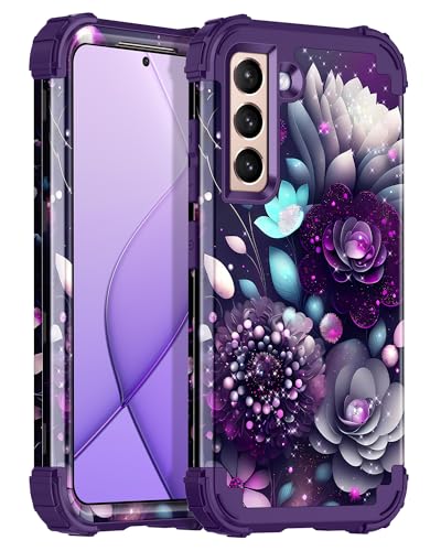 Casetego Compatible with Galaxy S22 5G Case,Floral Three Layer Heavy Duty Sturdy Shockproof Full Body Protective Cover Case for Samsung Galaxy S22 5G,Deep Flower
