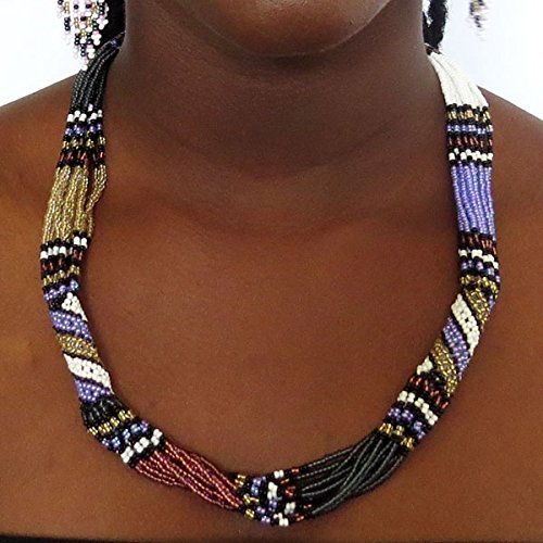 African Zulu beaded short necklace – Purple/white/gunmetal