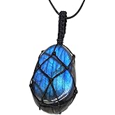AITELEI Natural Labradorite Crystal Necklace Healing Chakra Pendant with Hand-Woven Rope Labradorite Palm Stone Moonstone Healing Stone Pendant