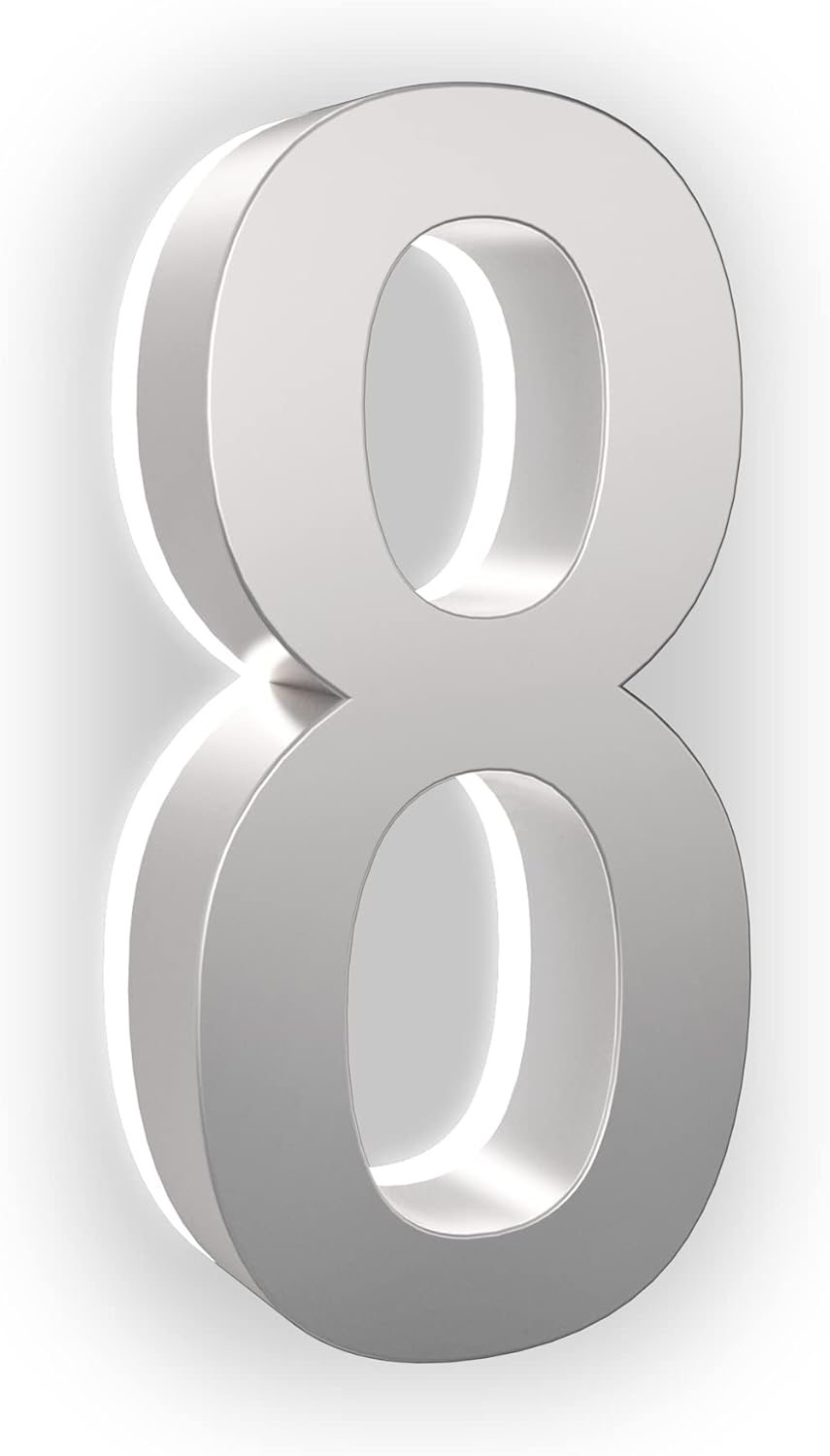 Address Signs - LN LUMANUMBERS - 5 Inch House Numbers, ABS-Polymer, Premium Quality, Backlit LED Illuminated Home Address Number, Lighted House Numbers, Modern Address Numbers (8, Silver)