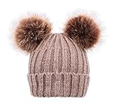Arctic Paw Cable Knit Beanie with Faux Fur Pompom Ears Khaki