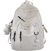 GAXOS Cute Aesthetic Backpack for School Middle Student Travel White Backpack Teens Girls Bear Pin Book Bags