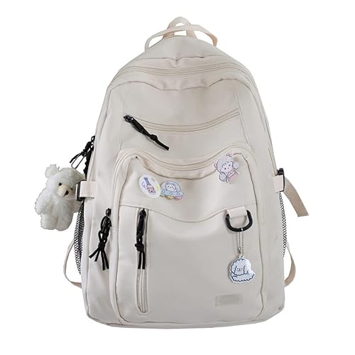 GAXOS Cute Aesthetic Backpack for School Middle Student Travel White Backpack Teens Girls Bear Pin Book Bags