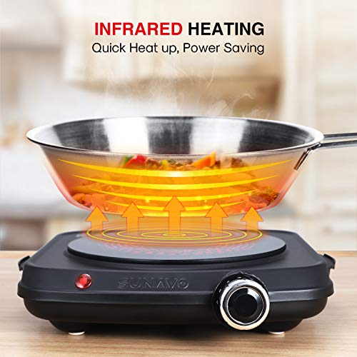 SUNAVO Electric Infrared Burner, 1200W Ceramic Glass Hot Plate, 6 Power Levels Stainless Steel Single Burner for Kitchen Camping RV and More Black - Thumbnail 4