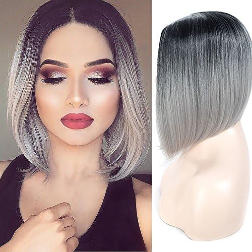 Grey Bob Wigs, Short Bob Wigs ,Straight Ombre Wigs Full Head Bob Wig Cosplay Wigs Fun Wigs Bob Wigs Gray Ombre Wigs with Wig Cap