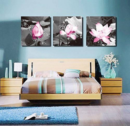 Gorgeous Pink Lotus Black And White Canvas Art Print on Canvas set of 3 Modern Home Wall Painting Decor Art