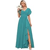 AKMESXAY Women's Short Sleeve Pleated Chiffon Bridesmaid Dresses Long Formal Evening Dress AS006