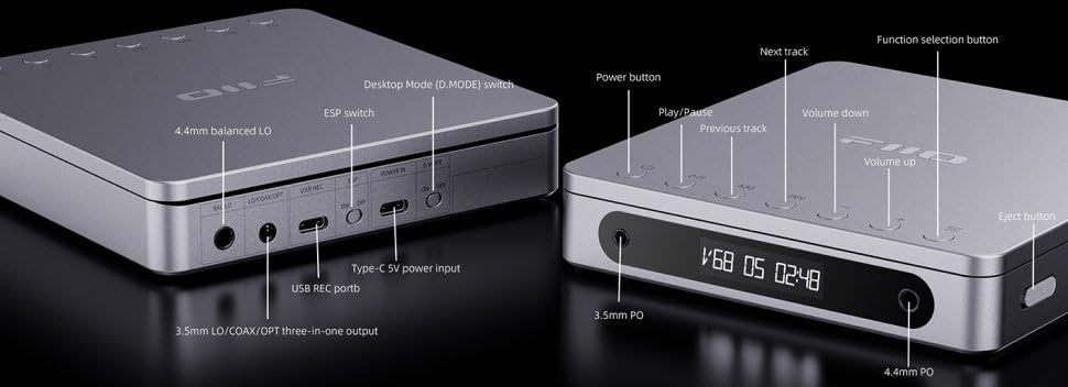 FiiO DM13 Multifunctional Portable Stereo CD Player with Long-Lasting Battery, Supports USB Ripping, Optical/coaxial/3.5mm/4.4mm outputs (Transparent Bluetooth)