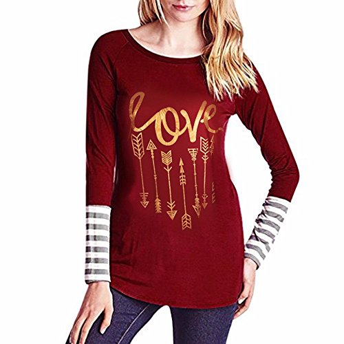 Christmas Sweaters,Kulywon Women Merry Christmas Print Long Sleeve Splicing Top T-Shirt(M/US 10,Wine Red)