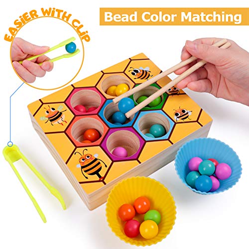 rolimate Toddler Fine Motor Skill Toy Magnet Game, Montessori Educational Wooden Toy, Clamp Bee & Beads to Hive Matching Game, Color Recognition Preschool Learning Toy, Gift for 3 4 5+ Years Boy Girl - Thumbnail 2