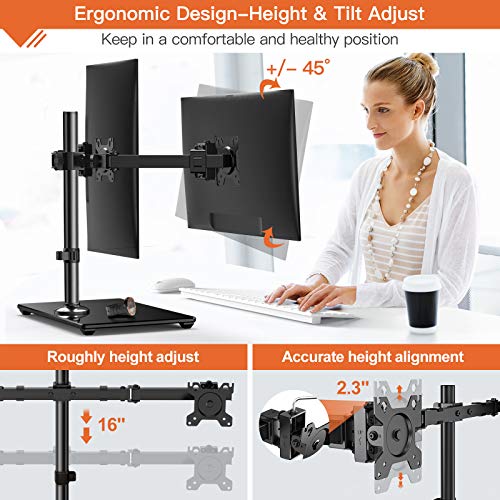 Perlegear Dual Monitor Stand, Freestanding Desk Mount with Glass Base