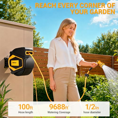 Retractable Hose Reel:100 ft x 1/2 inch, Garden Hose Reel with 9-Pattern Nozzle, 180°Swivel Bracket Wall-Mounted, Automatic Rewind, Lock at Any Length, with Slow Return System