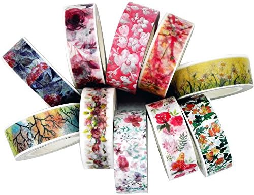 Poproo Floral Washi Tape Collection Set of 10, Decorative Craft Tape for Scrapbooking Decorating and Gift Wrapping