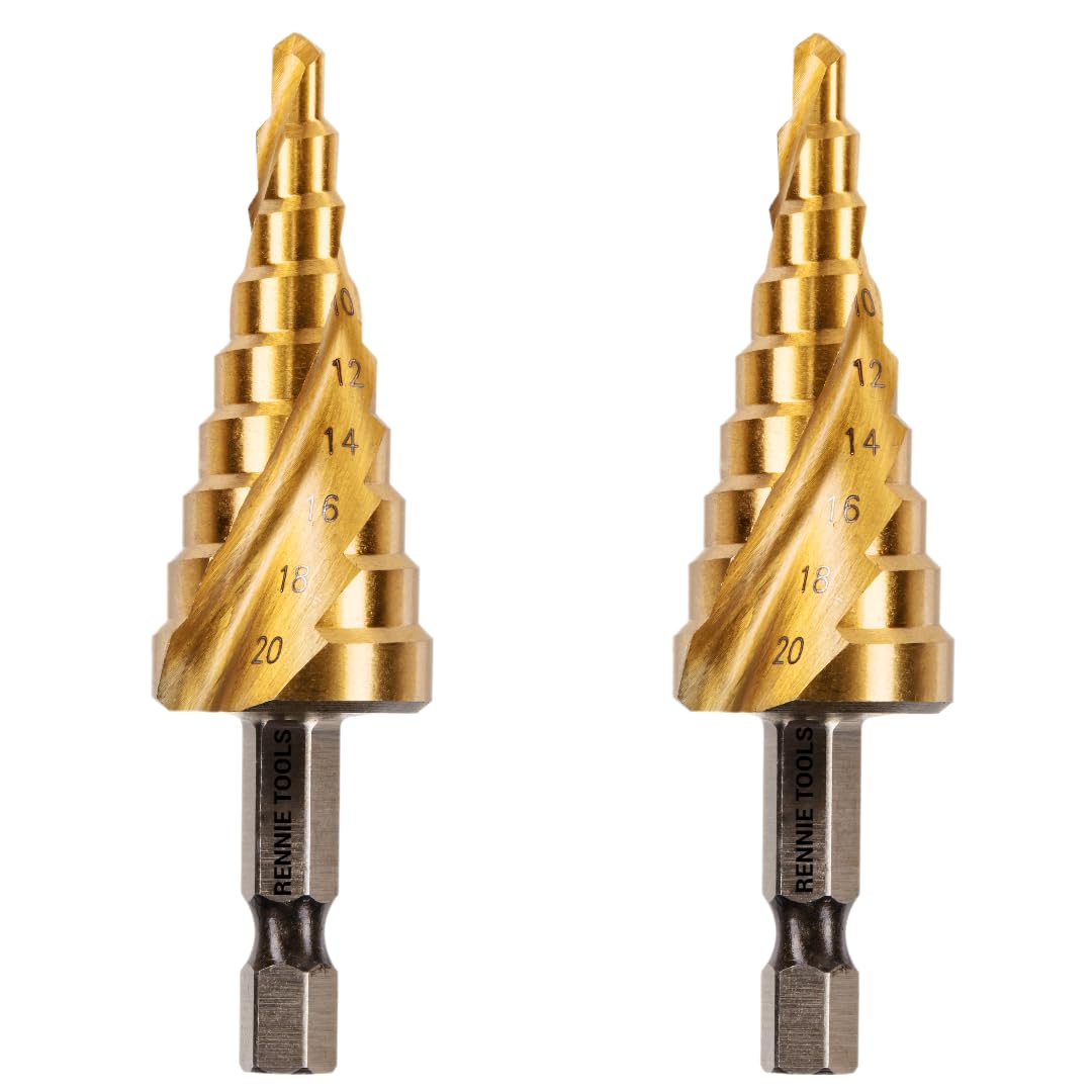 2 Pack - 4mm to 20mm Spiral Flute Step Drill Bits High Speed Steel Titanium Coated, Metric Hex Shank, HSS Tool Set for DIY Plastic Wood Steel Metal Aluminum. Cone Cutter Hole Cutter Drill Bits — image 1