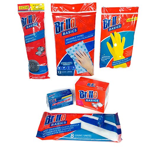 Brillo Basics Ultimate Cleaning Bundle 6 Items Brillo Pads, Scours
(Stainless), Sponge, Large Gloves, Drying Cloths, Wet Floor Cloths