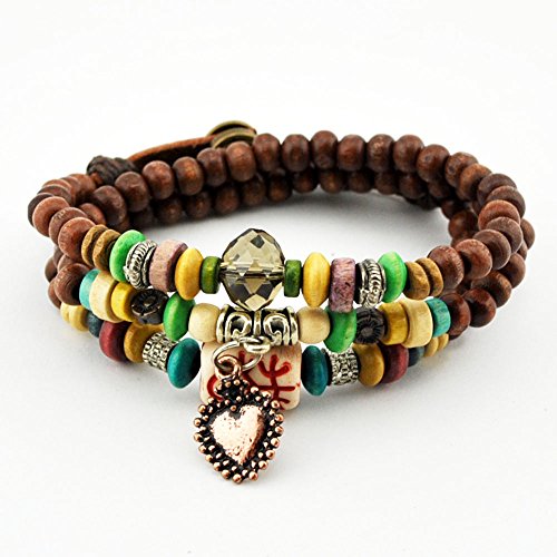November's Chopin (TM) Fashion Metal Heart Pendant Multilayer Wood Beaded Prayer Bracelet Wrist Necklace