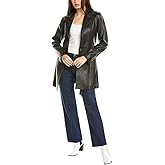 TAHARI Women's Genuine Lambskin Leather Trench Coat with Notch Collar, Button Closure & Tie Belt, Black, Large