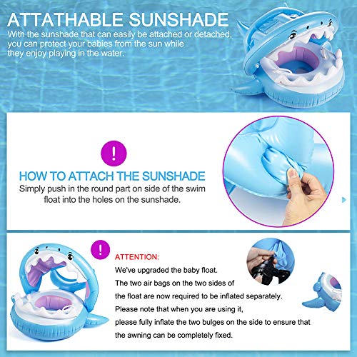 PALADOU Baby Swimming Pool Float with Canopy for Kids Aged 9-36 Months Fun on The Water, Baby Swim Floaties Shark Ring Boat Floating