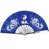 Blue Stainless Steel Tai Chi Kung Fu Fan With Double Dragon Design (Ssangyong fan)